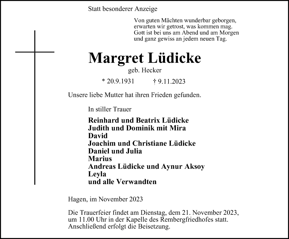  Traueranzeige für Margret Lüdicke vom 18.11.2023 aus Tageszeitung