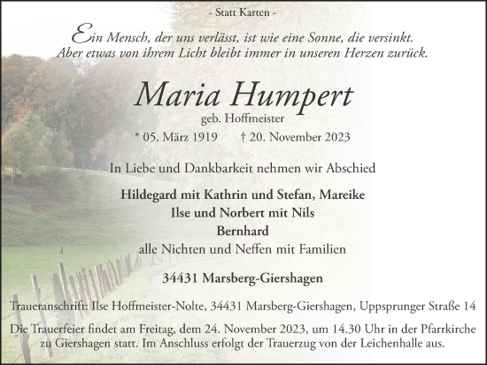 Traueranzeige von Maria Humpert von Tageszeitung