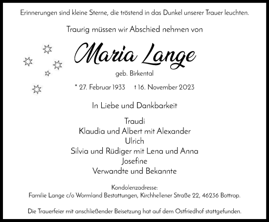 Traueranzeige von Maria Lange von Tageszeitung