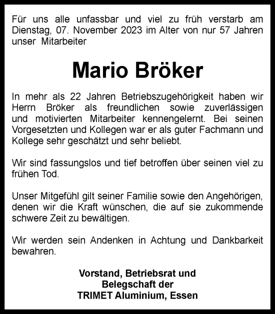 Traueranzeige von Mario Bröker von Tageszeitung