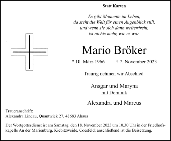 Traueranzeige von Mario Bröker von Tageszeitung