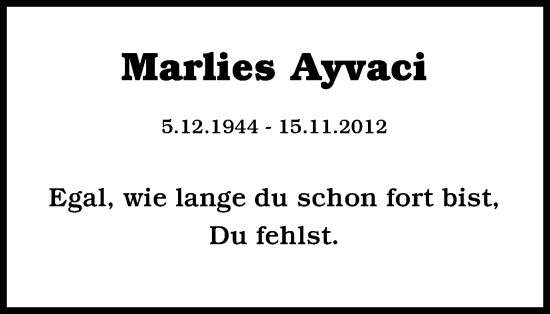 Traueranzeige von Marlies Ayvaci von Tageszeitung
