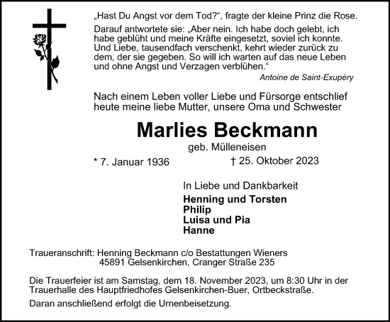 Traueranzeige von Marlies Beckmann von Tageszeitung