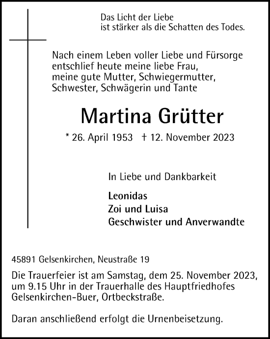 Traueranzeige von Martina Grütter von Tageszeitung