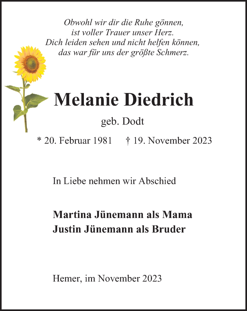  Traueranzeige für Melanie Diedrich vom 25.11.2023 aus Tageszeitung