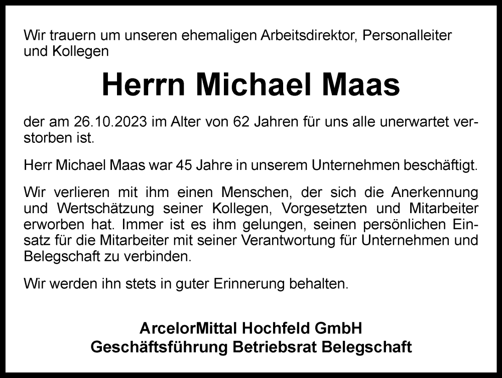  Traueranzeige für Michael Maas vom 04.11.2023 aus Tageszeitung