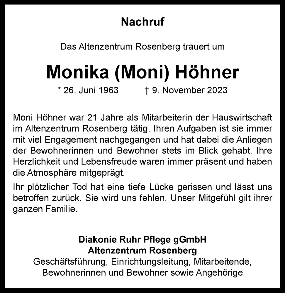  Traueranzeige für Monika  Höhner vom 25.11.2023 aus Tageszeitung
