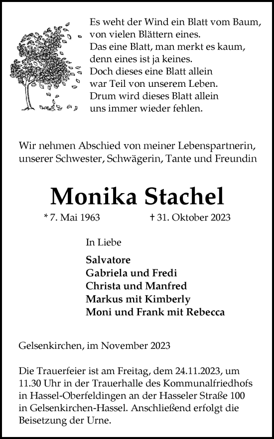 Traueranzeige von Monika Stachel von Tageszeitung