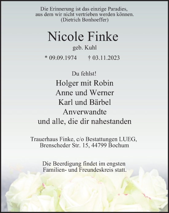 Traueranzeige von Nicole Finke von Tageszeitung