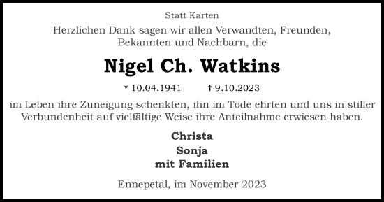 Traueranzeige von Nigel Ch. Watkins von Tageszeitung