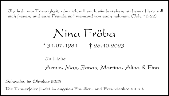 Traueranzeige von Nina Fröba von Tageszeitung