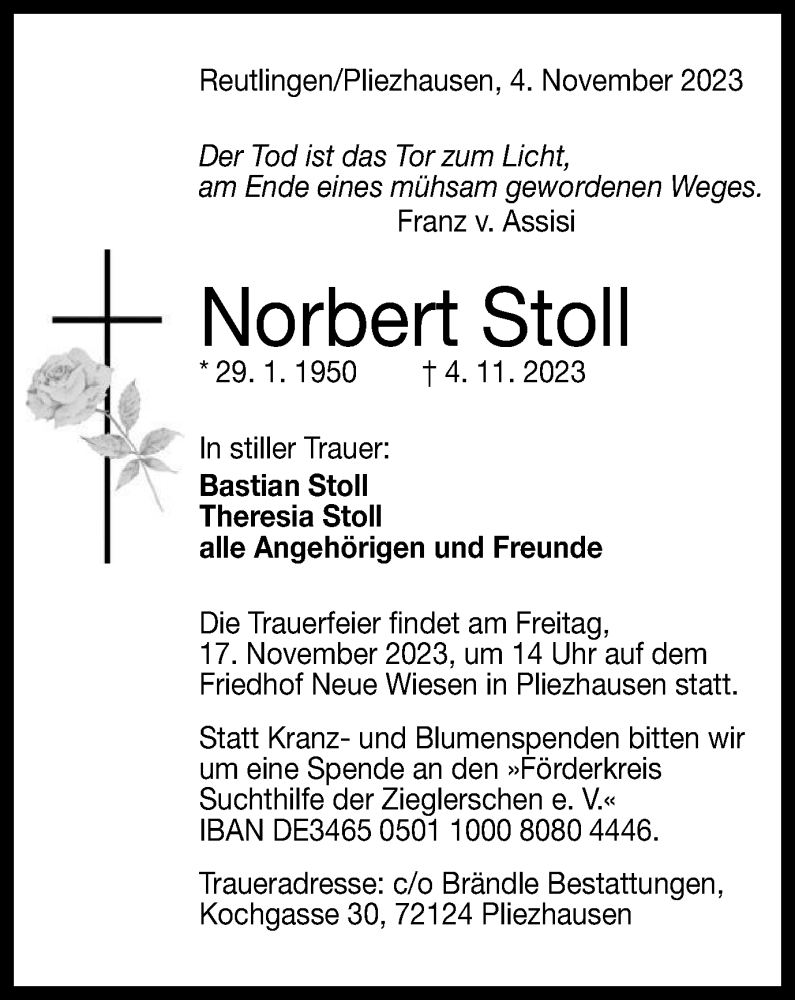  Traueranzeige für Norbert Stoll vom 15.11.2023 aus Tageszeitung