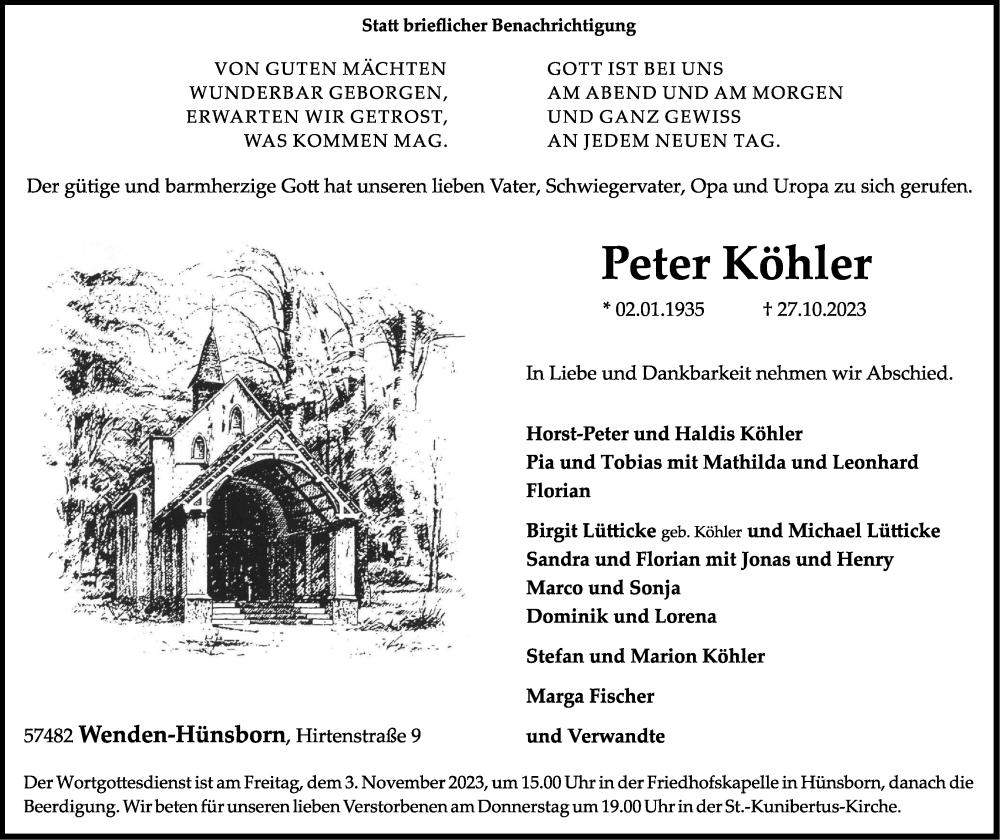  Traueranzeige für Peter Köhler vom 01.11.2023 aus Tageszeitung