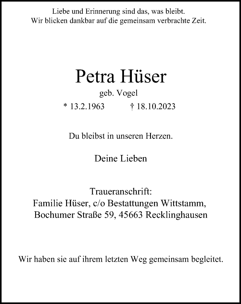  Traueranzeige für Petra Hüser vom 04.11.2023 aus Tageszeitung