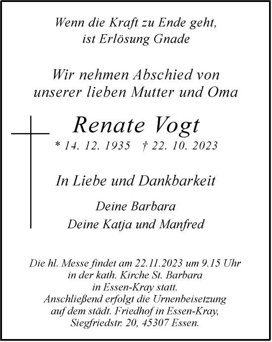 Traueranzeige von Renate Vogt von Tageszeitung