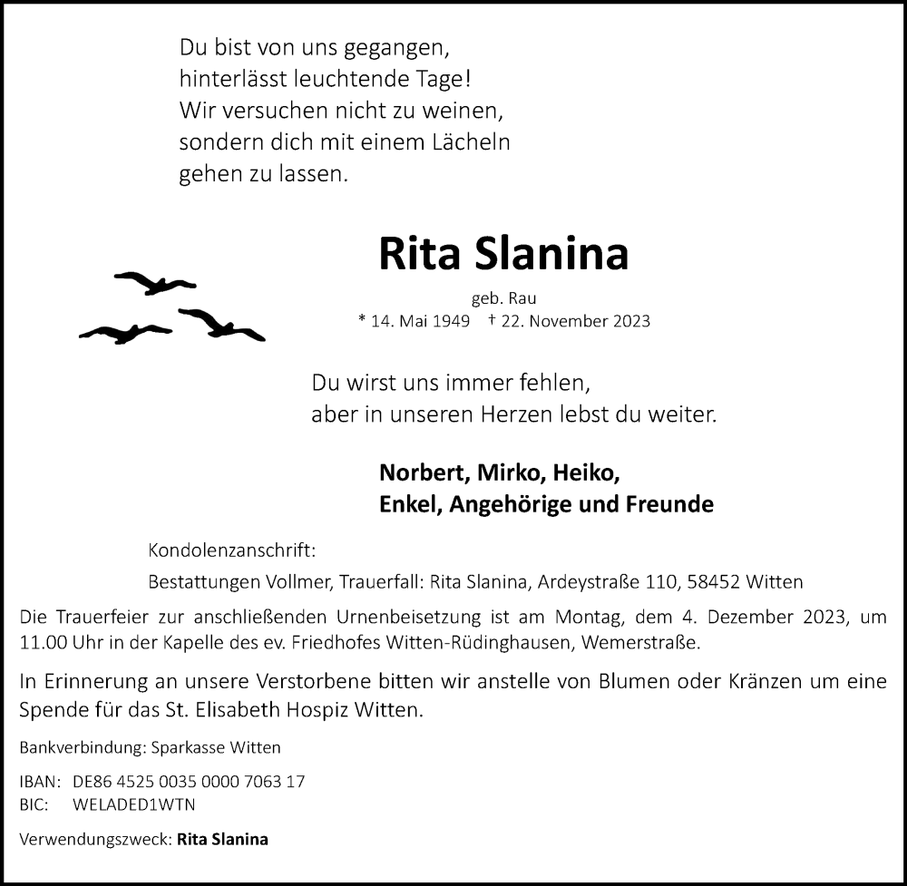  Traueranzeige für Rita Slanina vom 30.11.2023 aus Tageszeitung