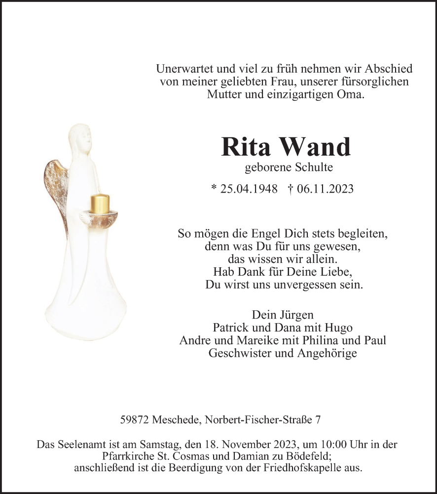  Traueranzeige für Rita Wand vom 15.11.2023 aus Tageszeitung