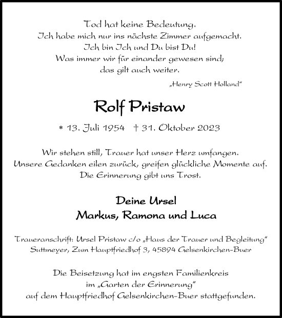 Traueranzeige von Rolf Pristaw von Tageszeitung