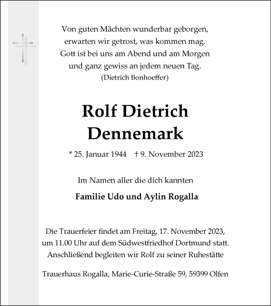 Traueranzeige von Rolf Dietrich Dennemark von Tageszeitung