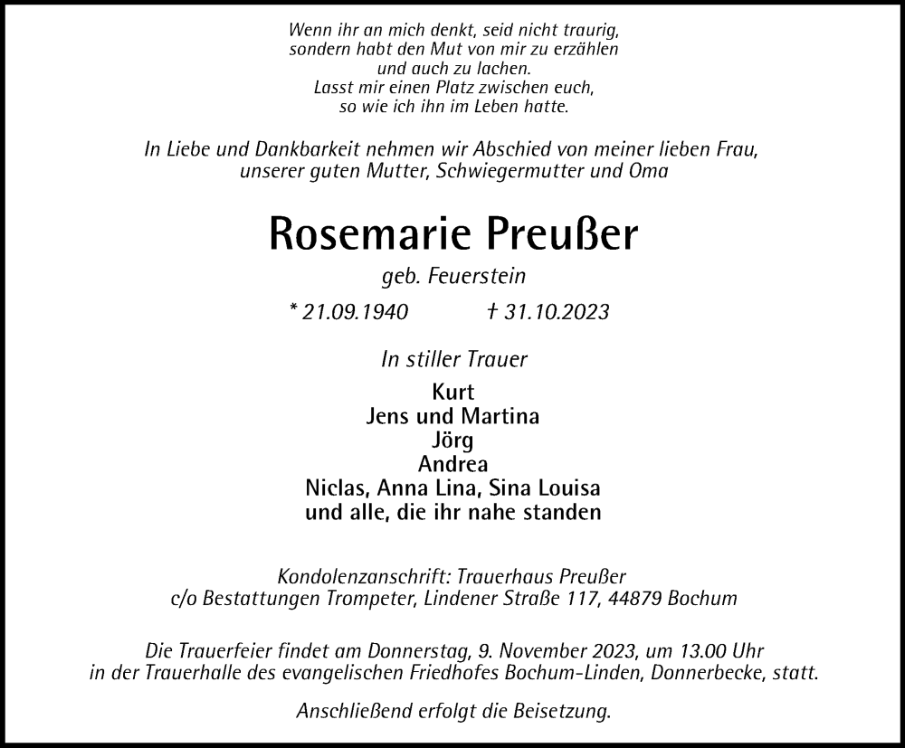  Traueranzeige für Rosemarie Preußer vom 04.11.2023 aus Tageszeitung
