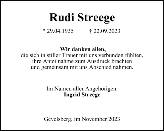 Traueranzeige von Rudi Streege von Tageszeitung