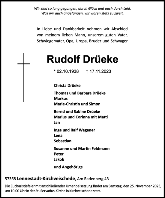 Traueranzeige von Rudolf Drüeke von Tageszeitung