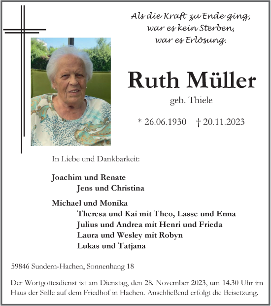 Traueranzeige von Ruth Müller von Tageszeitung