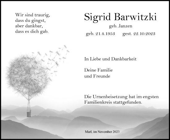 Traueranzeige von Sigrid Barwitzki von Tageszeitung