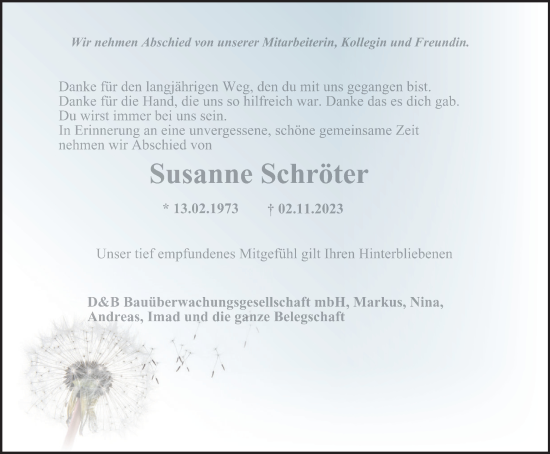 Traueranzeige von Susanne Schröter von Tageszeitung
