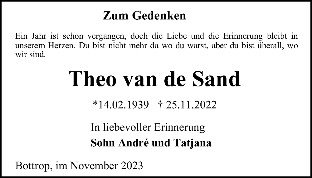  Traueranzeige für Theo van de Sand vom 25.11.2023 aus Tageszeitung