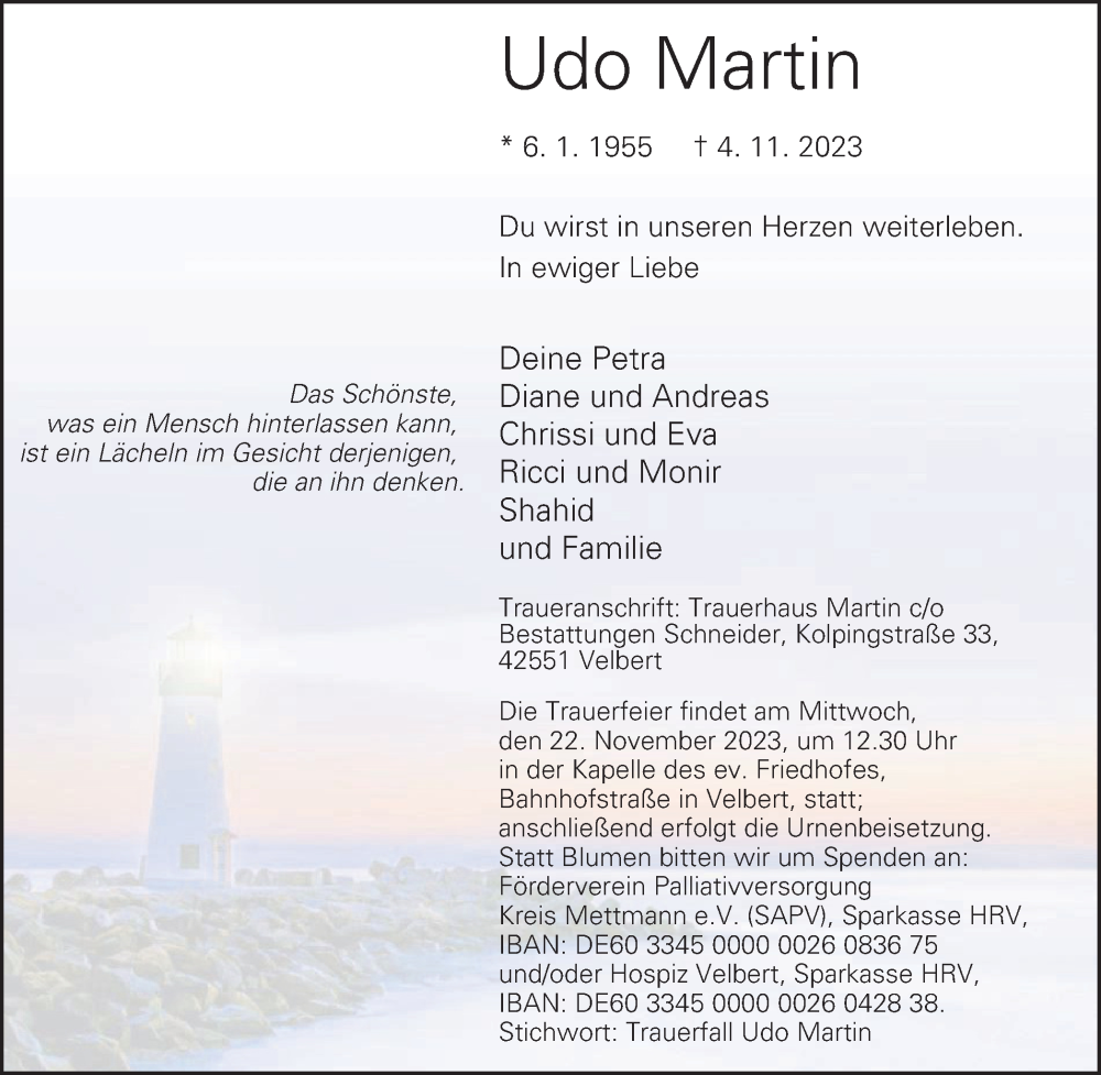  Traueranzeige für Udo Martin vom 18.11.2023 aus Tageszeitung