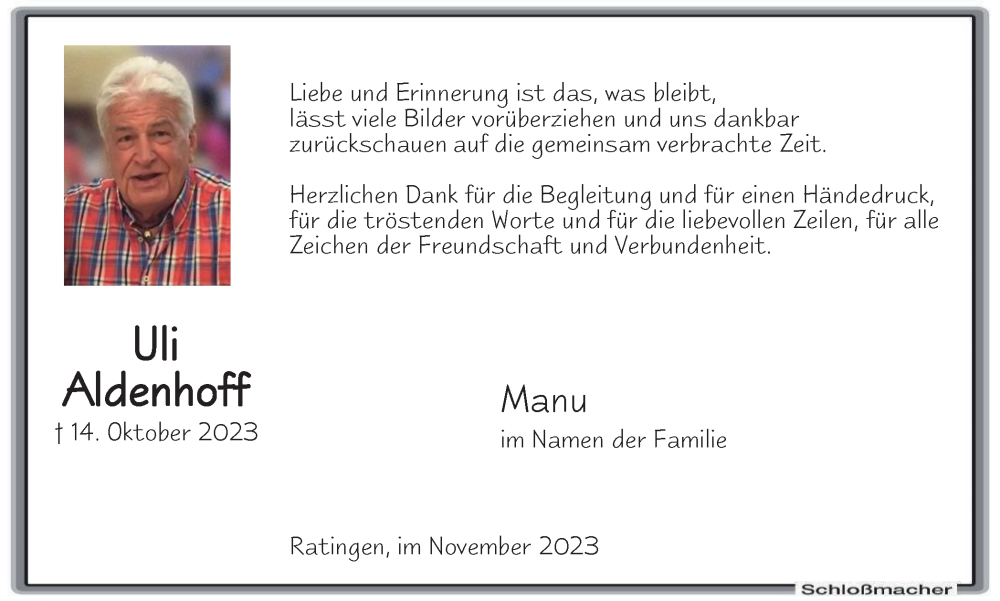  Traueranzeige für Uli Aldenhoff vom 18.11.2023 aus Tageszeitung