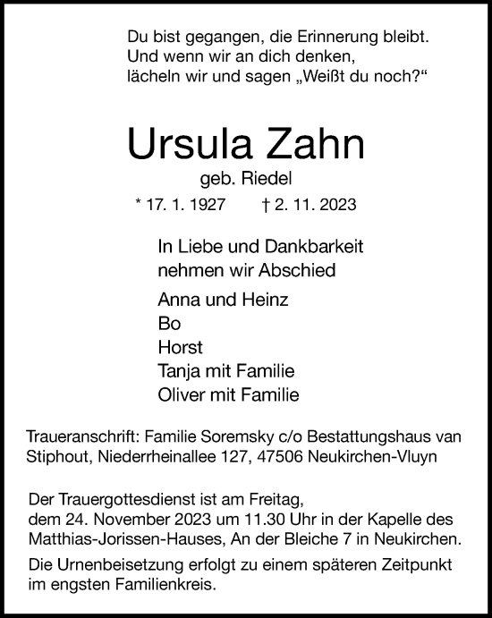 Traueranzeige von Ursula Zahn von Tageszeitung