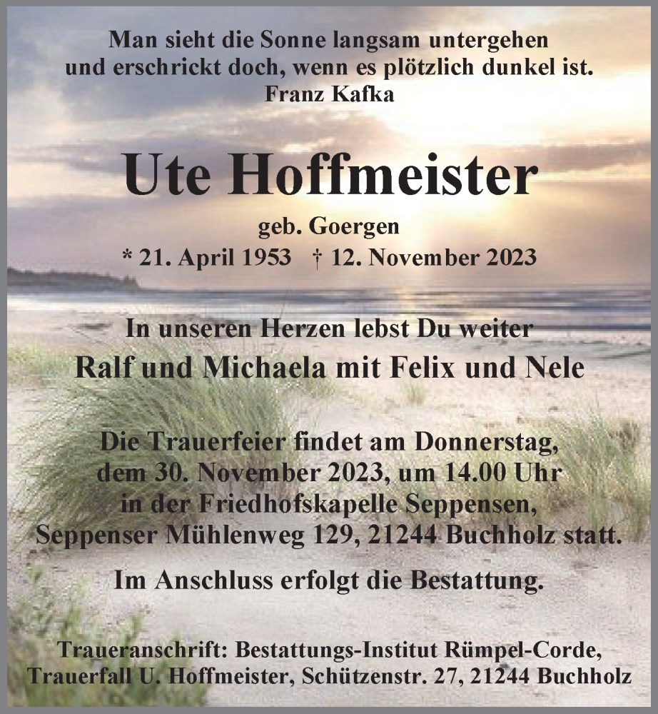  Traueranzeige für Ute Hoffmeister vom 18.11.2023 aus Tageszeitung