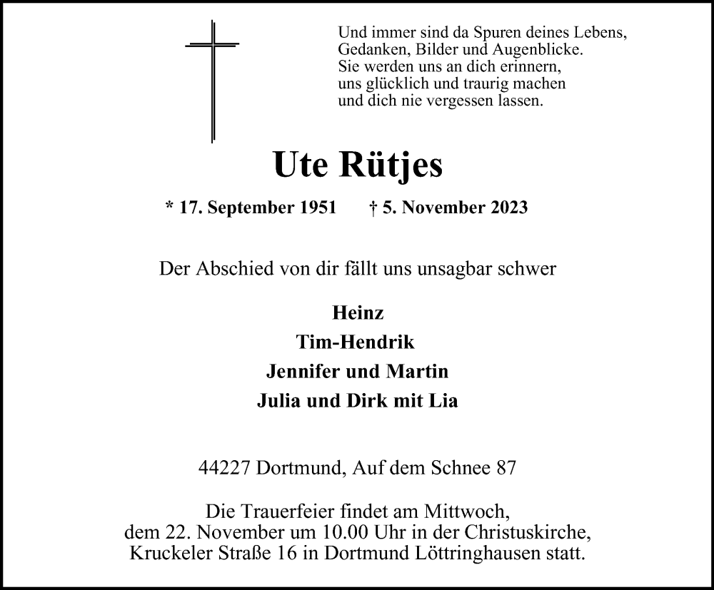  Traueranzeige für Ute Rütjes vom 18.11.2023 aus Tageszeitung