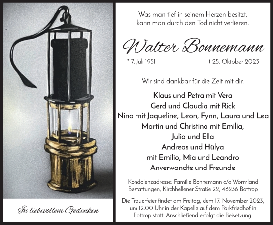 Traueranzeige von Walter Bonnemann von Tageszeitung