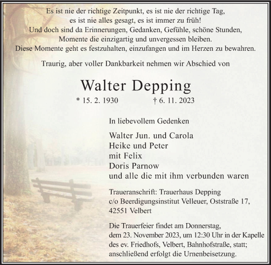 Traueranzeige von Walter Depping von Tageszeitung