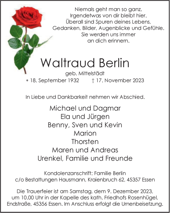 Traueranzeige von Waltraud Berlin von Tageszeitung