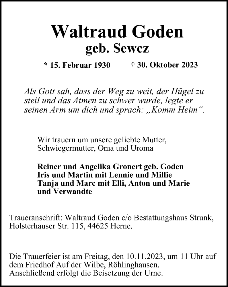  Traueranzeige für Waltraud Goden vom 06.11.2023 aus Tageszeitung