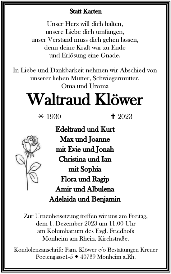 Traueranzeige von Waltraud Klöwer von Tageszeitung