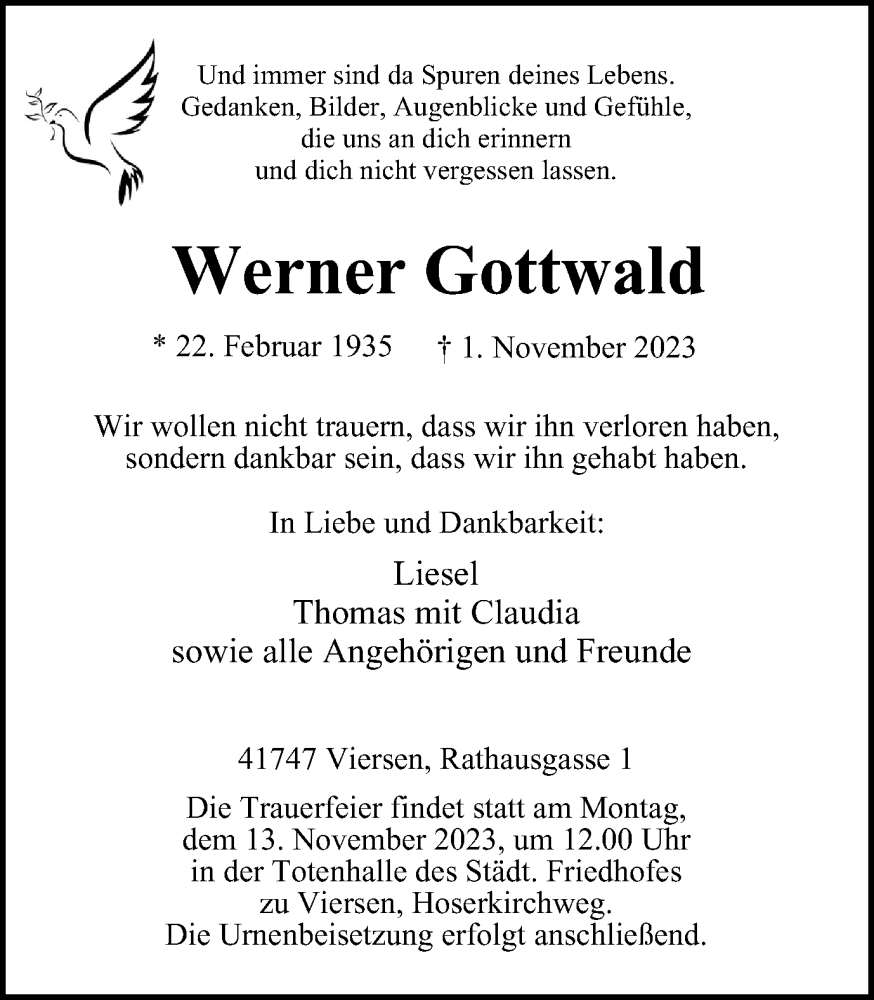 Traueranzeige für Werner Gottwald vom 11.11.2023 aus Tageszeitung