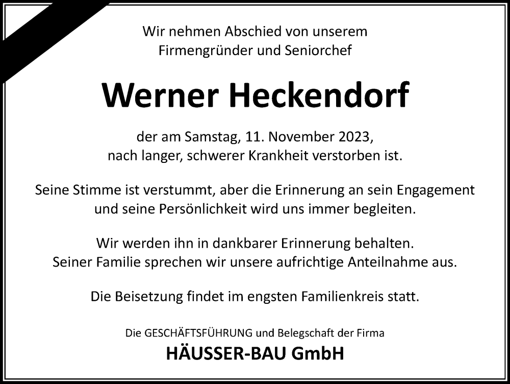  Traueranzeige für Werner Heckendorf vom 16.11.2023 aus Tageszeitung