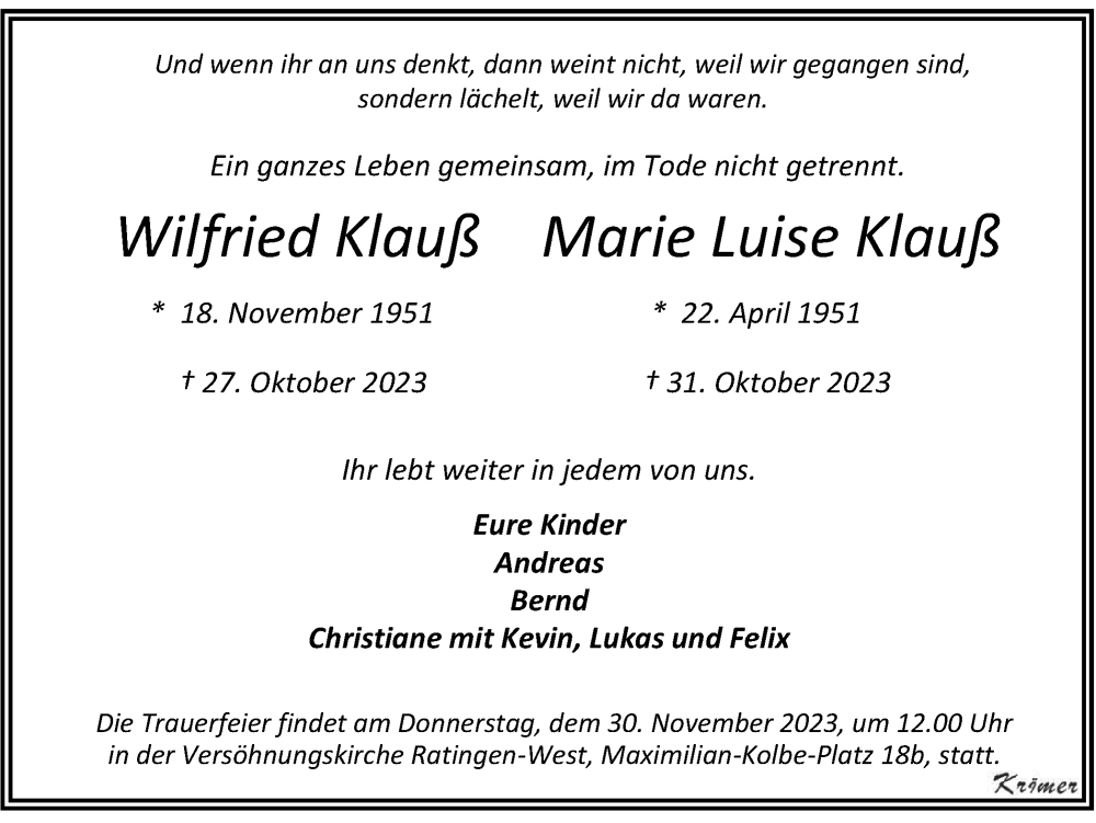  Traueranzeige für Wilfried und Marie Luise Klauß vom 25.11.2023 aus Tageszeitung