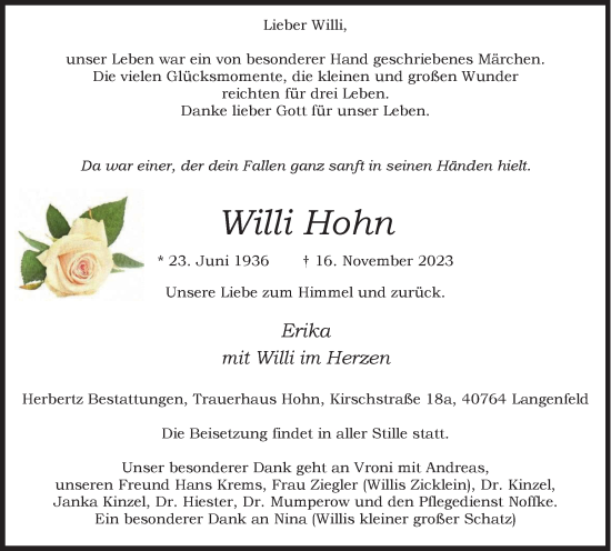 Traueranzeige von Willi Hohn von Tageszeitung