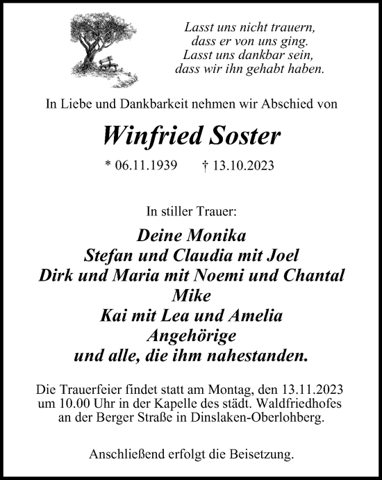 Traueranzeige von Winfried Soster von Tageszeitung