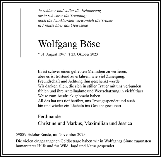 Traueranzeige von Wolfgang Böse von Tageszeitung