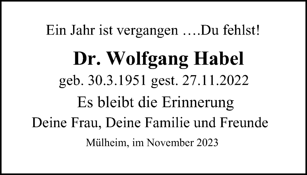  Traueranzeige für Wolfgang Habel vom 25.11.2023 aus Tageszeitung