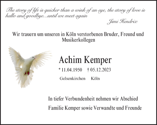 Traueranzeige von Achim Kemper von Tageszeitung