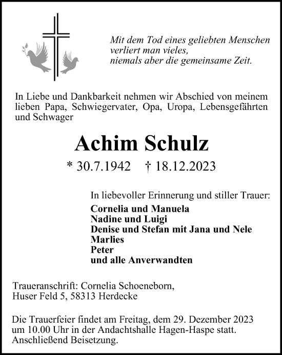 Traueranzeige von Achim Schulz von Tageszeitung