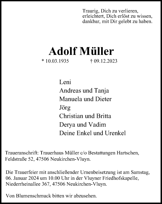 Traueranzeige von Adolf Müller von Tageszeitung